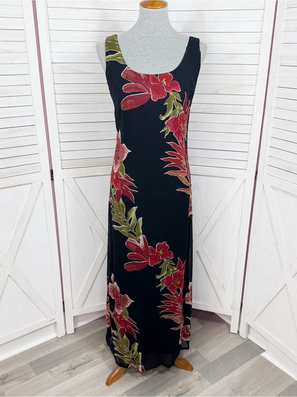 Vntg Y2k Eva Blue Tropical Floral Chiffon Maxi Slip Dress Black Red 10 Fairy